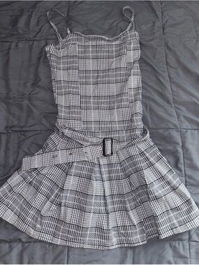 Black & White Plaid Belted Skater Dress